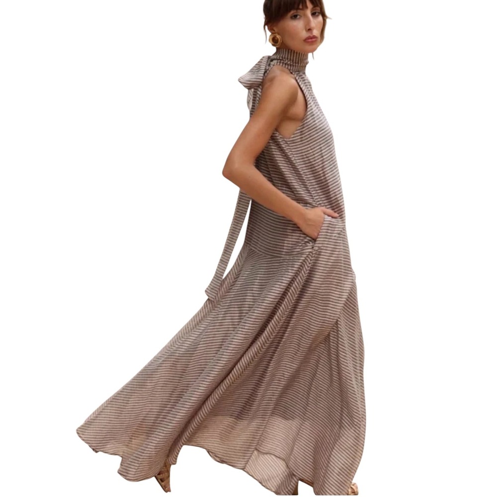 Zandra Stone Brown Silk Blend Plaid Halter Tie Maxi Dress Pockets Chic Size L